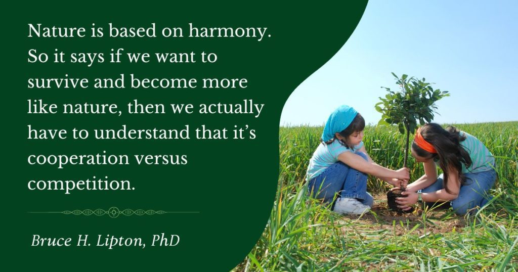 Nature is based on harmony. So it says if we want to survive and become more like nature, then we actually have to understand that it’s cooperation versus competition. -Bruce Lipton, PhD