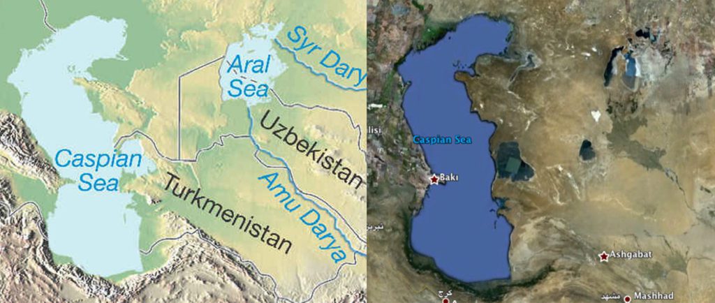 Map showing the location of the Caspian and Aral Sea compared to a satellite image.